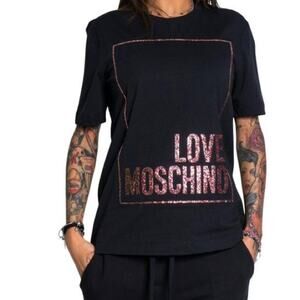LOVE MOSCHINO GLITTER LOGO WOMEN BLACK PINK SHORT SLEEVE SHIRT SIZE USA 10 NEW